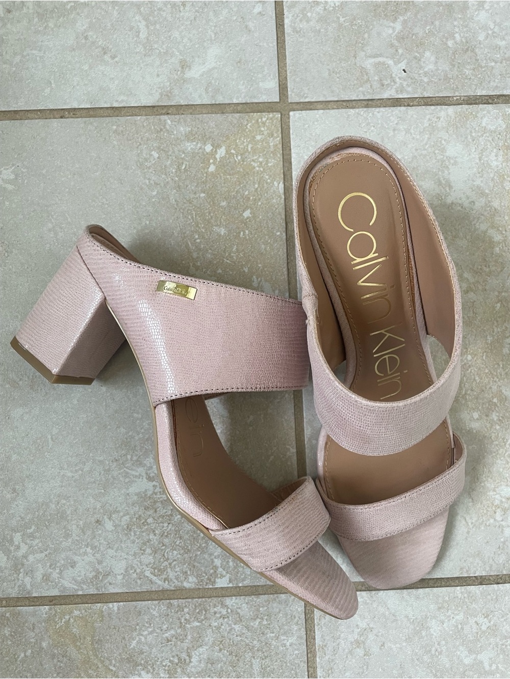 Calvin Klein Blush Pink Double-Strap Block Heel Mules